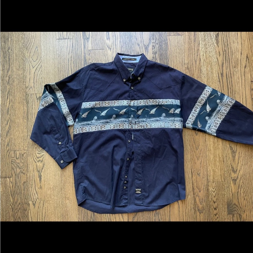 Rodeo Carte D'identite Western Cowboy Shirt Men Medium Blue Embroidered Eagles